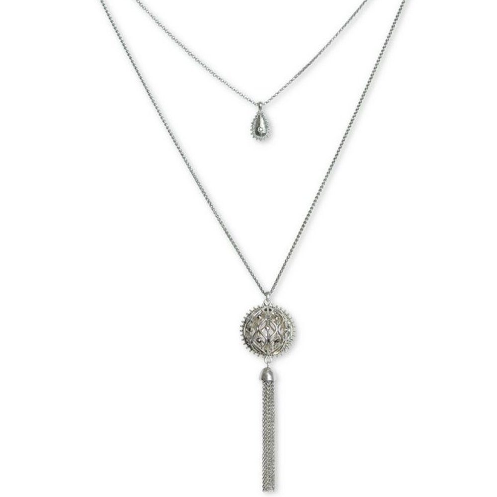 Lucky Brand Silver-Tone Pave Openwork & Chain Tassel Double-Layer 28-1/2" Pendan